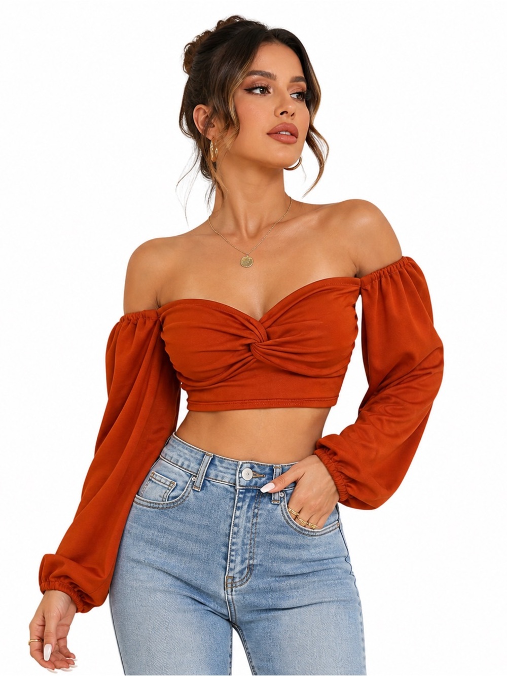 SHEIN Off Shoulder Crop Top XS Rust‎ Orange Puff Sleeve Twist Front
